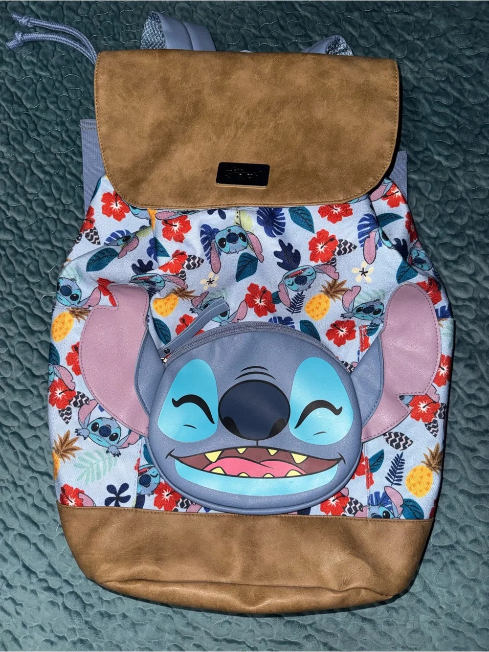 Bioworld Blue Floral Stitch Character Backpack with Tan Flap